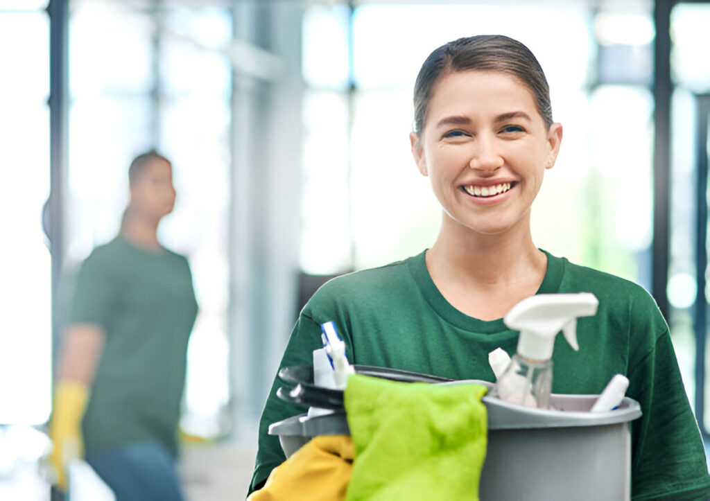A woman dressed in a green shirt, representing a professional cleaner in Brisbane, carries a bucket of cleaning tools.