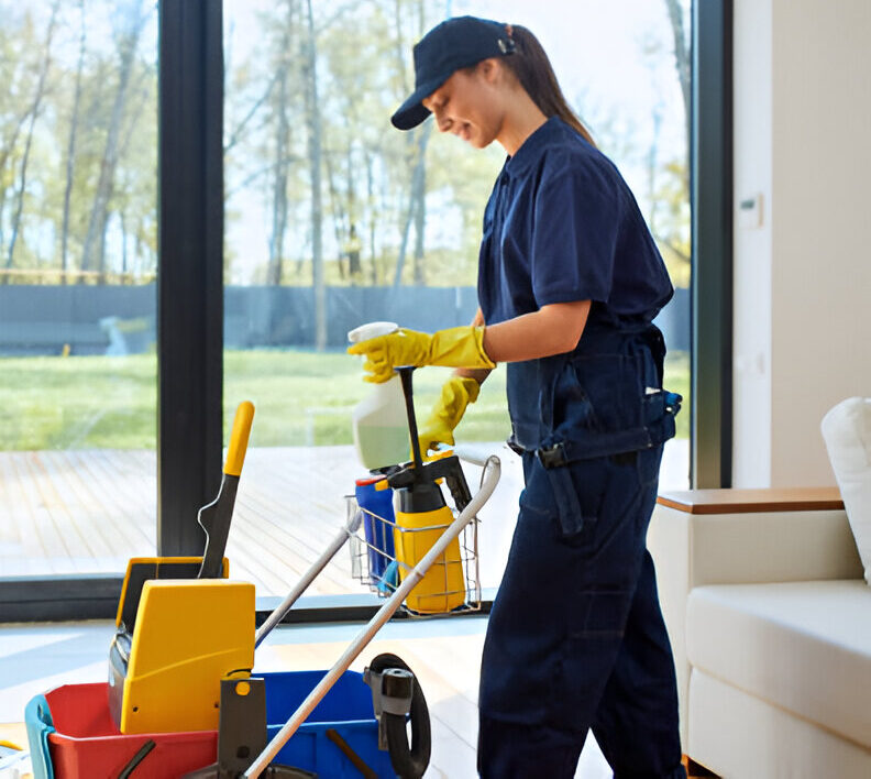 A woman in overalls, a professional cleaner in Brisbane, meticulously tidies up a room, emphasizing her attention to detail.